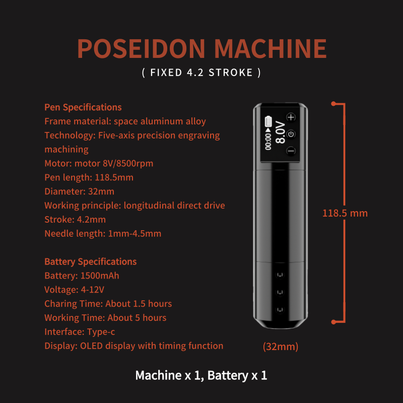 POSEIDON WIRELESS OLED TATTOO PEN MACHINE WITH TIMING - 4.2mm