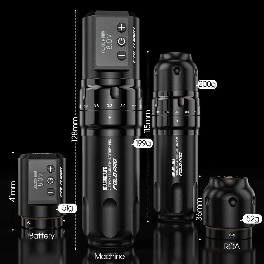 Dragonhawk Wireless Tattoo Pen Machine with 7 Stroke Lengths | Fold Pro (2 Batteries ver.) black