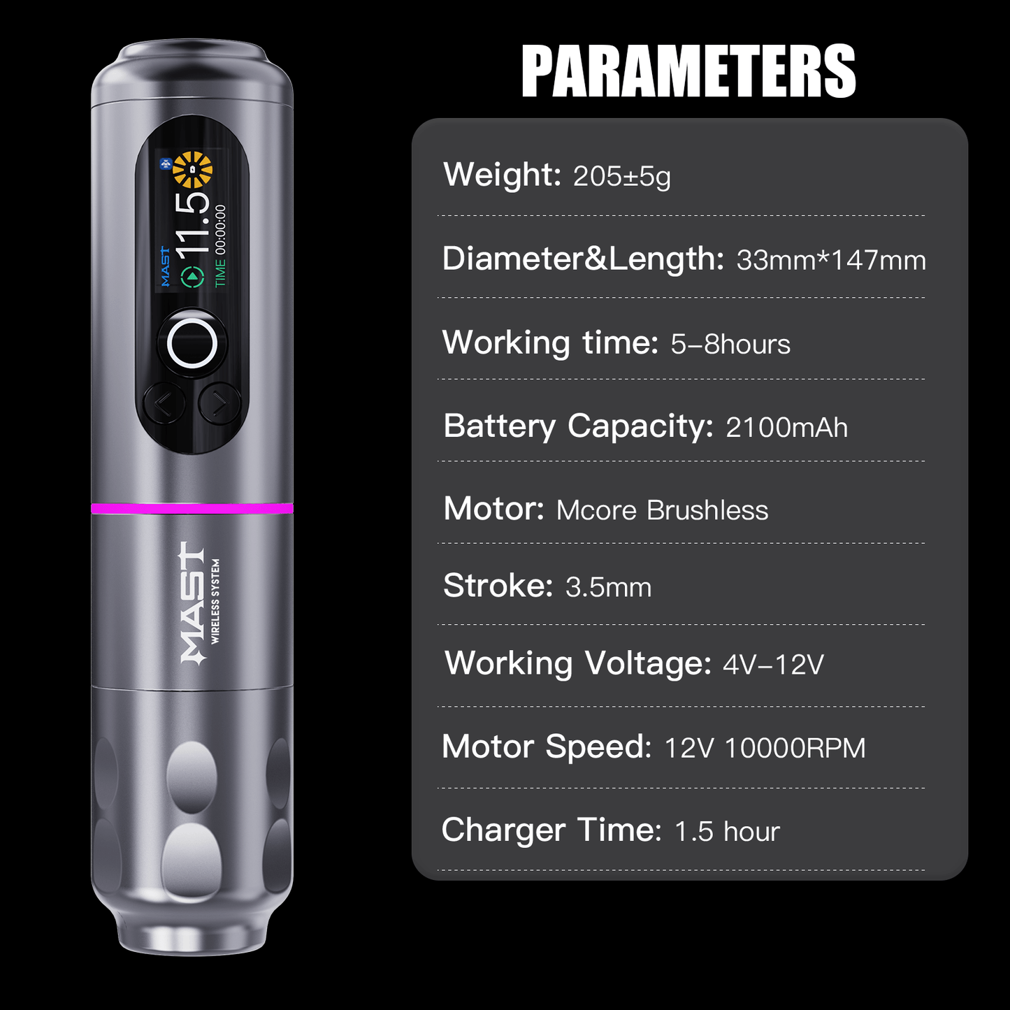 MAST Wireless Tattoo Pen Machine with 3.5MM Stroke Brushless Motor Color Screen | Mast Archer 2