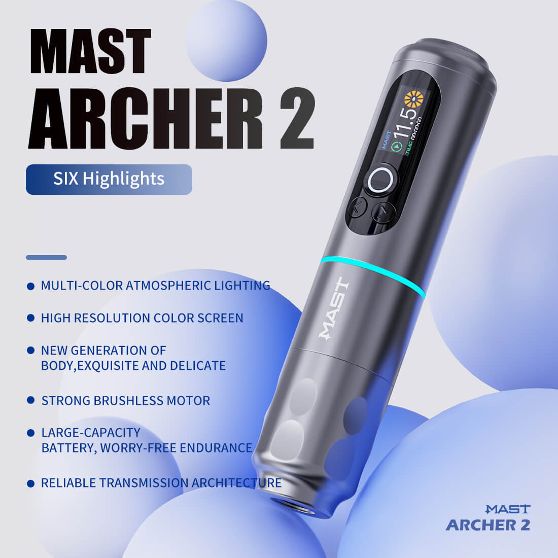 MAST Wireless Tattoo Pen Machine with 3.5MM Stroke Brushless Motor Color Screen | Mast Archer 2