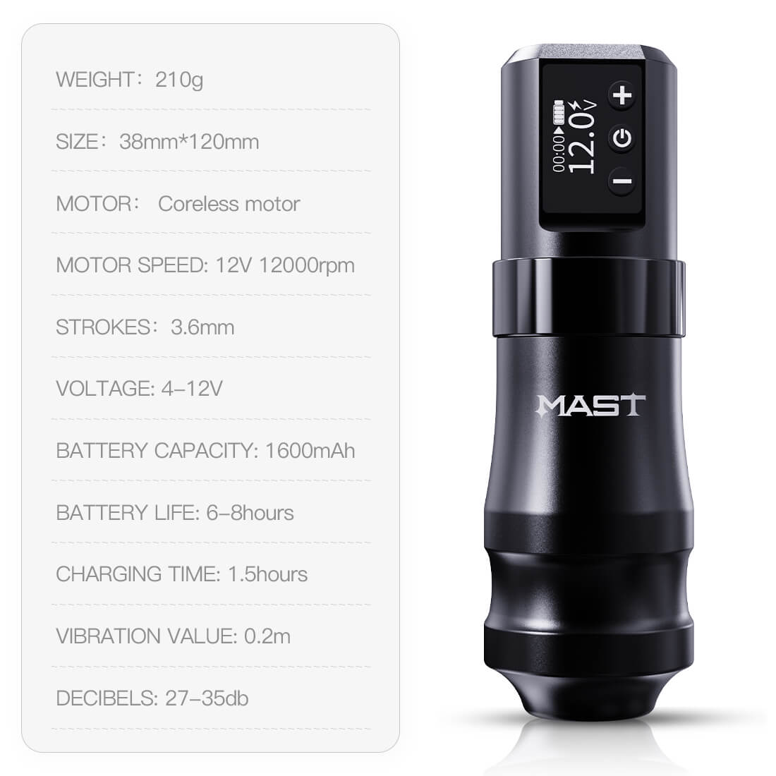 MAST Wireless Tattoo Pen Machine with 3.6MM Stroke Fast-Charging | Mast Mini (BLACK)