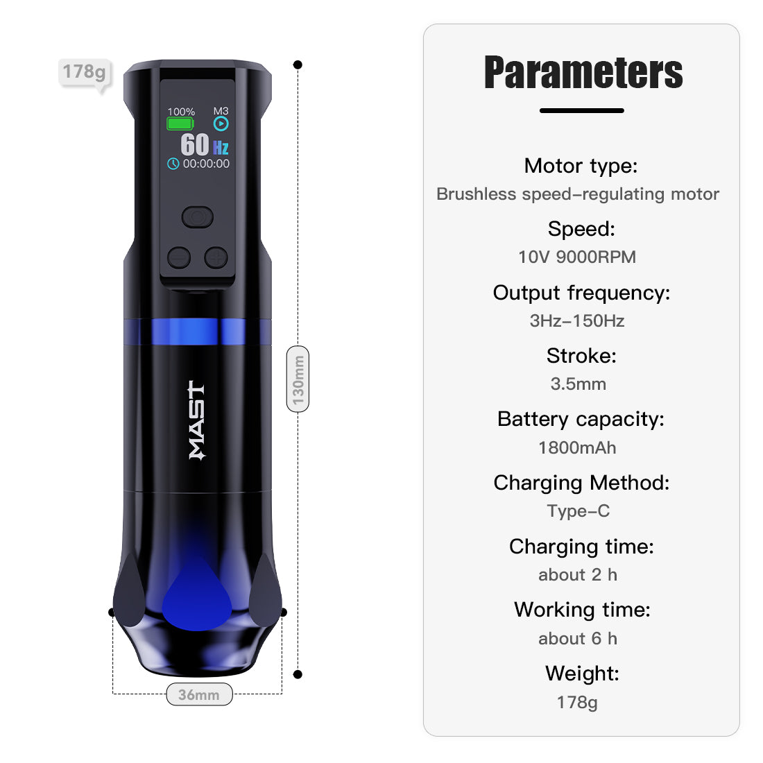 MAST Wireless Tattoo Pen Machine with Adjustable Frequency | Mast Hertz